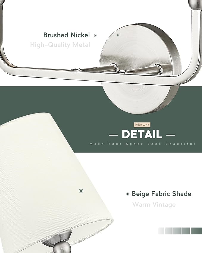 2-Light Bathroom Light Fixtures, Brushed Nickel Vanity Lights, Double Wall Sconce with Beige Fabric Shade, Modern Sconces Wall Lighting for Hallway Bedroom Stairway, VL837-BN-B-2