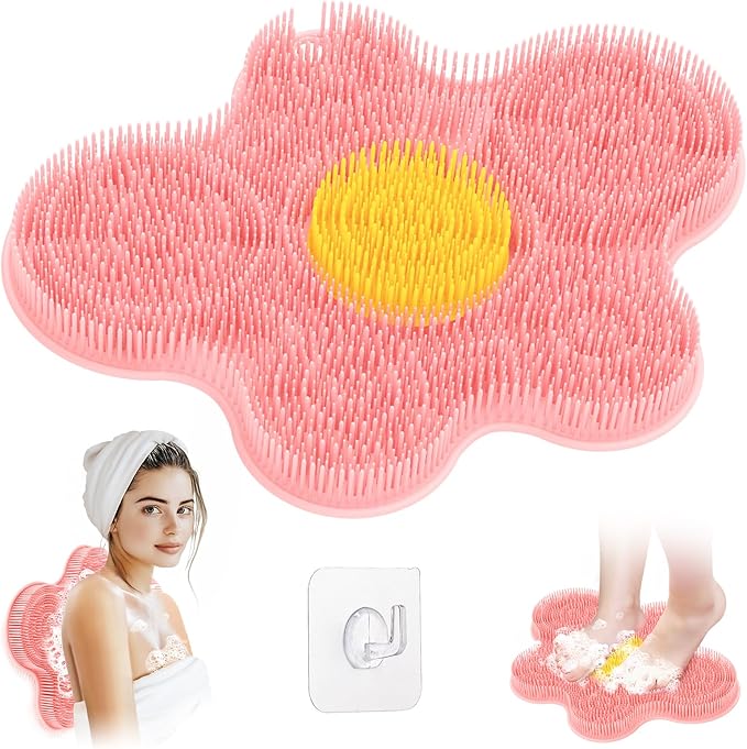 New Silicone Shower Foot Scrubber Mat, Large Wall-Mounted Back Scrubber Back Washer with Long Bristles & Powerful Suction Cups, Easy to Clean Exfoliate and Massage Without Bending(Pink)