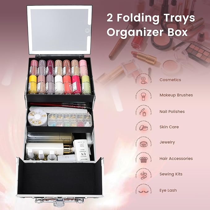 Makeup Case with Lighted Mirror Travel Makeup Organizer Box Portable Lockable 2 Trays Cosmetic Train Case with LED Mirror for Girls Make up Nail Kits Sewing Vanity Storage Case, Shiny Gold