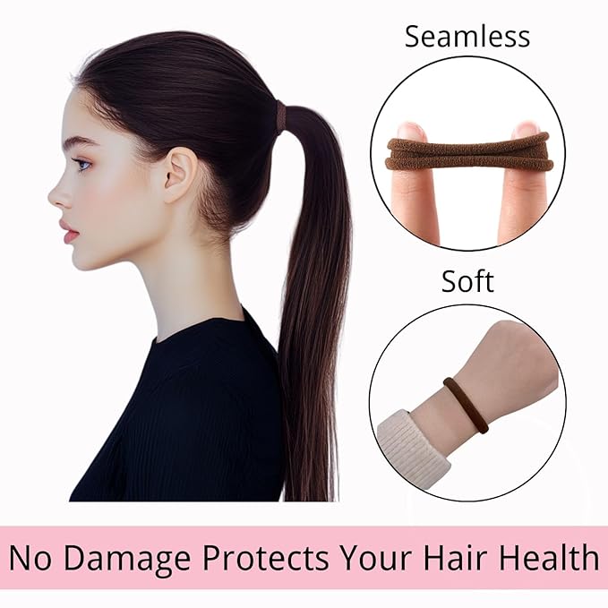 LuSeren 120 Pcs No Damage Hair Ties for Thick Hair, Large Soft Seamless Nylon Hair Elastics for Women, Ponytail Holders, Hair Accessories – Neutral Colors