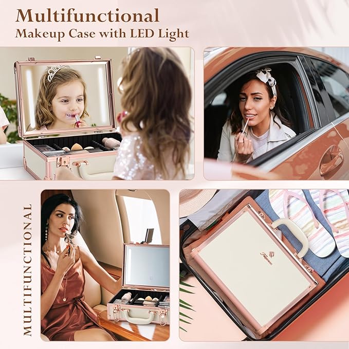 Makeup Train Cases with Light Up Mirror 3 Color Setting, Lighted Makeup Case Organizer with Detachable Tray, Travel Makeup Box with Light for Make up Tools Storage (White & Gold)