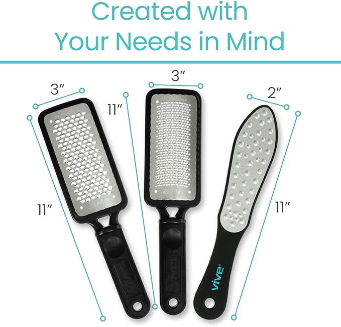 Vive Foot File (3 Pack) - Feet Scraper for Dead Skin - Heel Grater, Callus Remover Scrubber Tool, Rasp for Cracked Heels - Stainless Steel Pedicure Filer for Men & Women - Use on Wet or Dry Skin