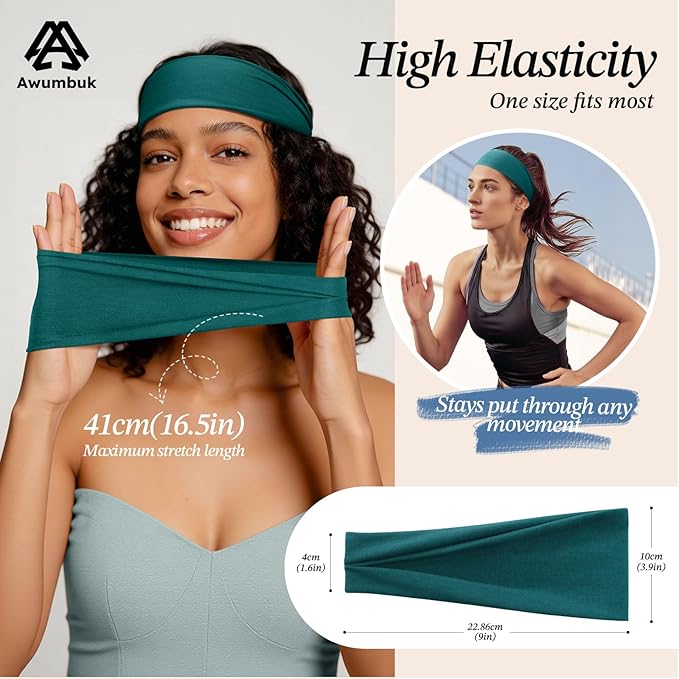 Headbands for Women, 8 Pack Non-Slip Moisture Wicking Sports Wide Head Bands, Stretchy Elastic Fabric, Multiple Colors Securing Hair for Fashion, Sports, Yoga, Running, Daily Life