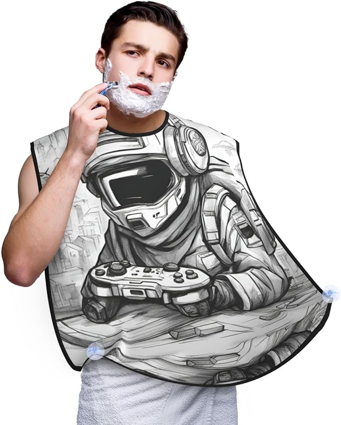 Monochrome Sketch Style Gaming Print Beard Bib Shaving Apron, Beard Hair Trimming Cape Gift For Dad
