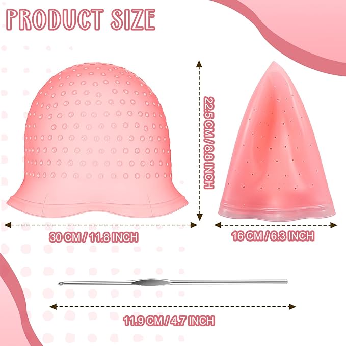Jexine 2 Pcs Hair Coloring Highlighting Cap Reusable Silicone Highlight Cap with Holes and Hook for Hair Coloring, Frosting, Hairdressing & Highlighting, Salon Tools Kit(Pink)