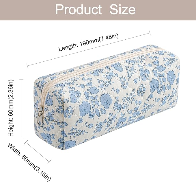 Cute Floral Makeup Brush Bag Small Cotton Quilted Cosmetic Bag for Women Travel Toiletry Zipper Make Up Pouch (Blue Floral)