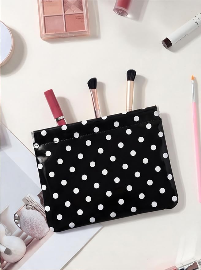 Dots Leather Makeup Pouch Set for Women Small Make Up Bag for Purse Waterproof Initial Makeup Cosmetic Bags Pouches for Purse Aesthetic Travel Toiletry Bag,Black White
