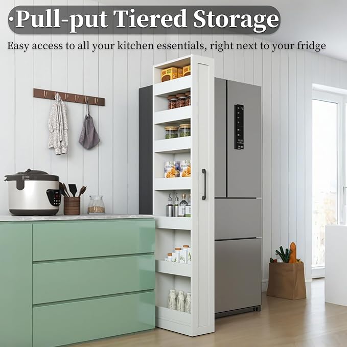 JOYSOURCE Tall Narrow Pull-Out Storage Shelf with Wheels 7-Tier Slim Rolling Storage Spice Rack Next to Fridge Utility Cart Single-Sided for Small Spaces, Kitchen, Laundry Room, White