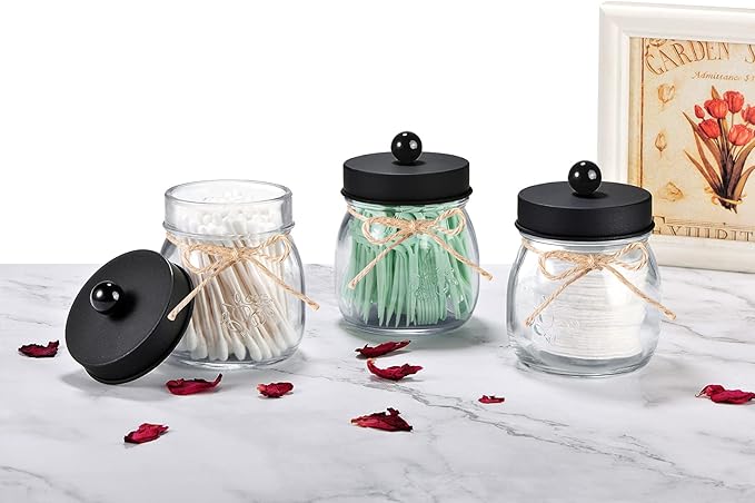 SheeChung 4 Pack Apothecary Jars with Lids, Bathroom Organizers and Storage, Qtip Holders Set, Bathroom Decor, Small Mason Jars for Q-tips, Cottons, Floss, Balls, Cotton Swabs-Black