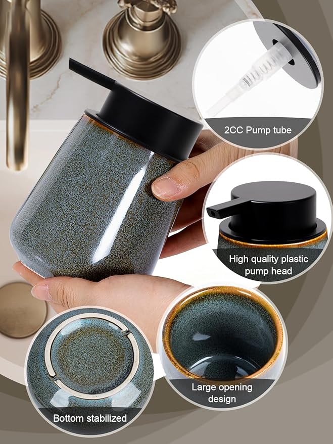 INGOFIN Ceramic Lotion Dispenser - 12 oz Refillable Hand Soap Dispenser Bathroom, Modern Liquid Dispenser with Pump, Dish Soap Dispenser for Kitchen,Kiln-Glazed Blue Green