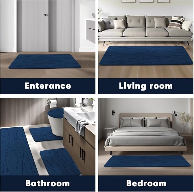 YIHOUSE Memory Foam Blue Bathroom Rug Sets 5 Piece, Ultra Absorbent Bath Mat for Bathroom - Non-Slip Machine Washable & Dry Quickly, 5 Piece Bathroom Mat Set, Navy Blue