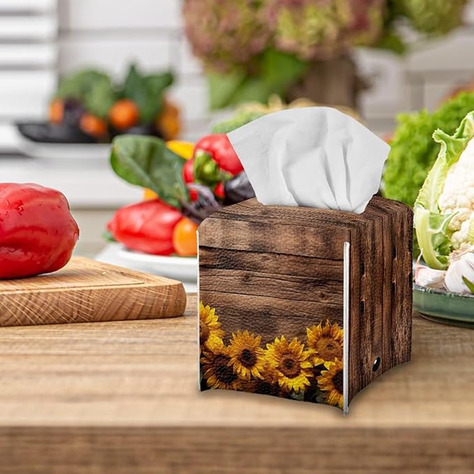 Sunflower Board Tissue Box Holder Portable Lightweight Square Tissue Box Cover Holder with Metal Button Waterproof Napkin Case for Home Office Car Automotive Decor
