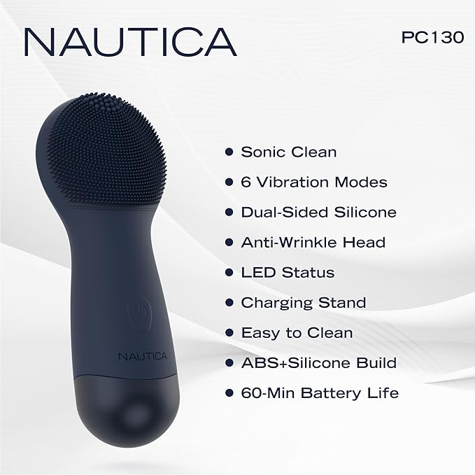 Nautica PC130 Sonic Facial Cleansing Brush Made with Ultra Hygienic Soft Silicone, Waterproof and Rechargeable Face Scrub Brush for Men & Women - (Navy)
