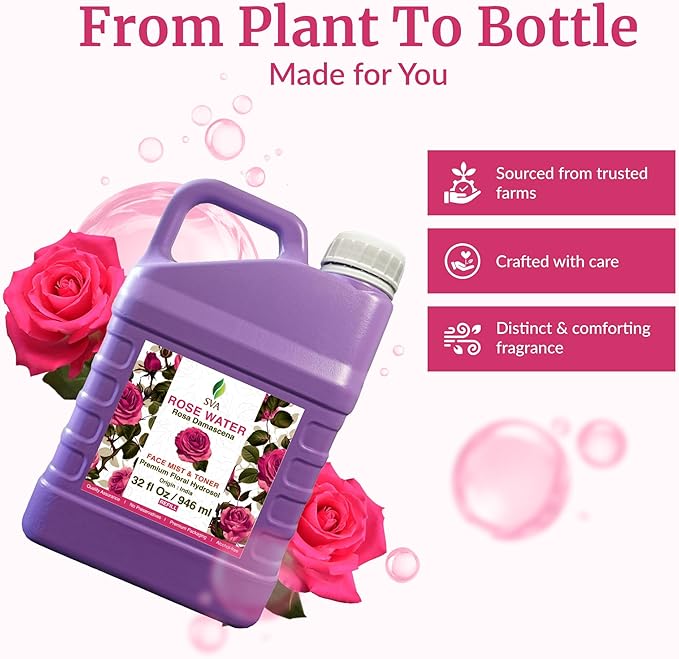 SVA Rose Water - 32 Fl oz - Refreshing Rose Water Spray for Skin Care, Skin Hydration, Bath, Soaps, Haircare & Aromatherapy
