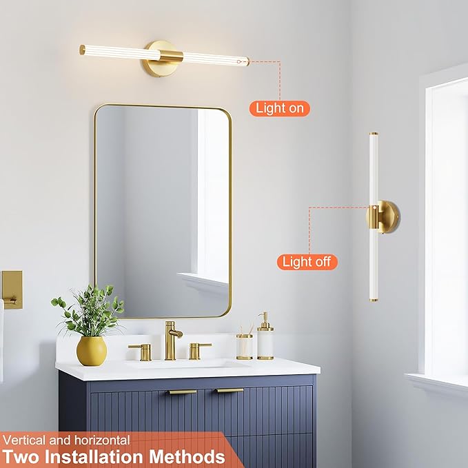 Gold Wall Sconces Set of Two Hardwired, Dimmable 5CCT LED Bathroom Light Fixtures Over Mirror, 360° Full Lighting 23 inch Vanity Light Bar Modern Wall Sconce for Bathroom Bedroom Living Room
