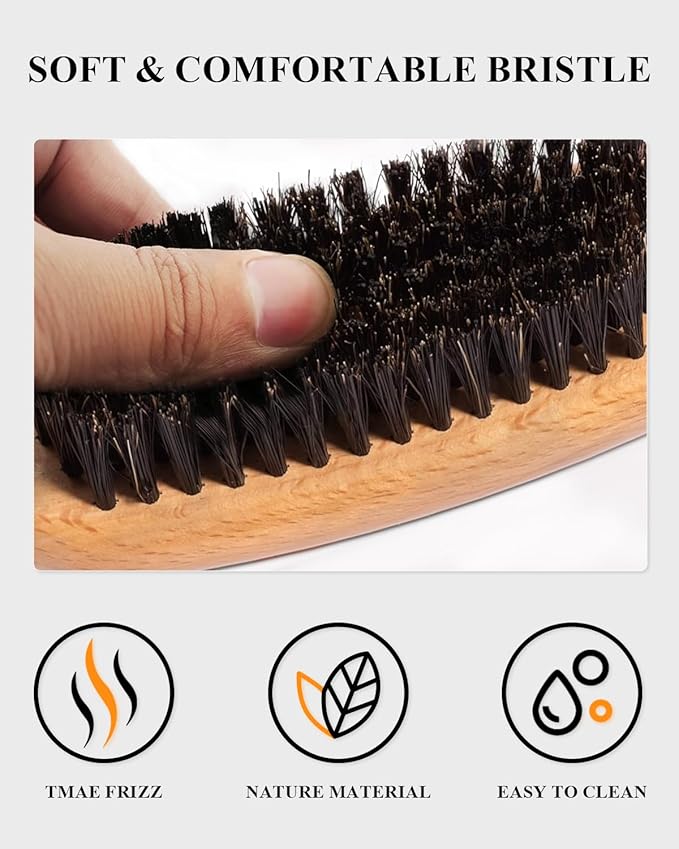 100% Boar Bristle Slick-Back Brush | Natural Wooden Styling Tool to Restore Shine & Frizz Control, Smooth Flyaways | Teasing to Add Volume | Perfect for Sleek Ponytails, Buns & Men's Beard Grooming