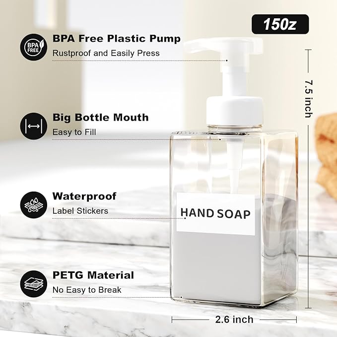 Foaming Soap Dispenser for Bathroom & Kitchen 15 Oz, Refillable Foam Hand Soap Dispenser for Liquid Soap, 2Pcs Foam Pump Bottle with Waterproof Labels, Clear