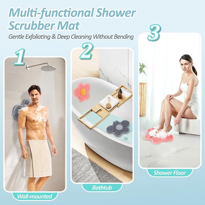 Upgrade Silicone Shower Foot Scrubber Mat & Silicone Body Scrubber Set, Large Wall-Mounted Back Scrubber Back Washer to Clean, Exfoliate and Massage Without Bending(Gray+Body Scrubber)