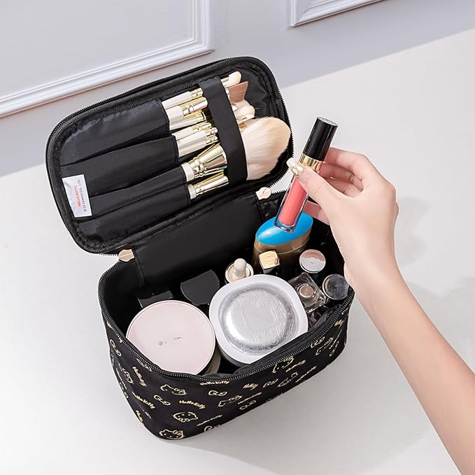 Vimanllie Makeup Bag Large Capacity Travel Cosmetic Bag with Dedicated Brush Holder,Cute Printed Makeup Organizer for Women Traveling,Portable Toiletry Bag for Girls