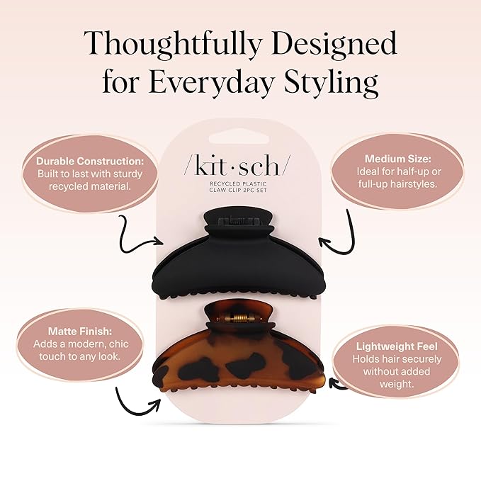 Kitsch Medium Hair Clips for Women, Strong Hold, Recycled Plastic Claw Clips for Thick Hair | Great for Updo, Half Up Hairstyle | Ideal Gifts for Women - 2pcs, Black and Tort