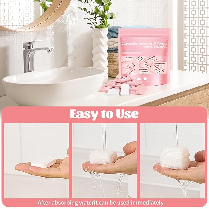 Compressed Disposable Face Towel, Thicker Individually Packaged Compressed Towels Dry Wipes, 30 PCS Large Size Coin Tissue Portable Washcloth for Travel Camping Hiking Outdoor Sports Beauty Salon