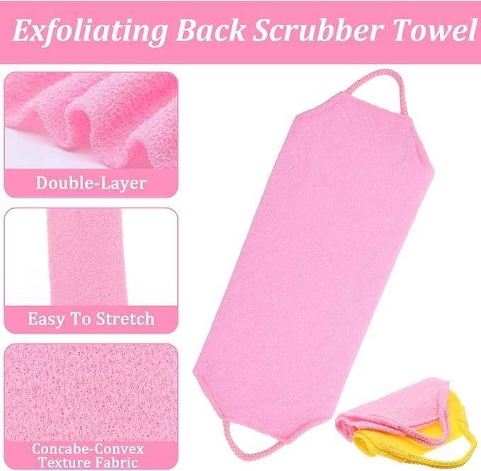 2Pcs Exfoliating Back Scrubber with Handles Nylon Double-Sided Body Scrubber Towel Back Exfoliator Extended Length Washers Scrubbers Stretchable Pull Strap Exfoliating Washcloth (Pink Beige)