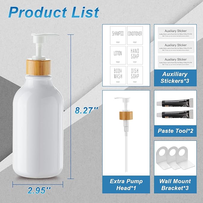 VITVITI Shampoo and Conditioner Dispenser, Body Wash Shower Soap Dispenser Wall Mounted 3 Chamber, Drill Free 17oz Plastic Shower Bottles for Bathroom, White 3 Sets