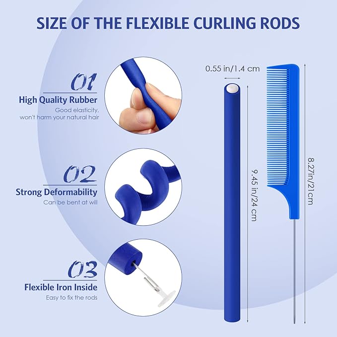 Syhood 30 Pcs Flexible Curling Rods 9.45 Twist Foam Rollers Soft Foam No Heat Hair Rods Rollers and 1 Steel Pintail Comb Rat Tail Comb for Women Long Short Hair(Dark Blue,9.45 x 0.55 Inch)