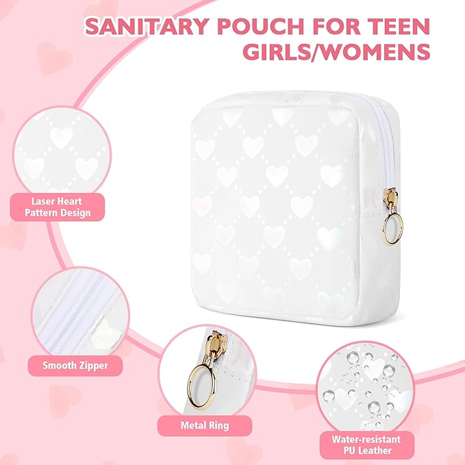 Period Bag Pouch, Leather Sanitary Napkin Storage Bag for Girls Womens, Portable Sanitary Napkin Period Pad Pouch Bag for Purse, Small Make Up Bags(White LOVE)