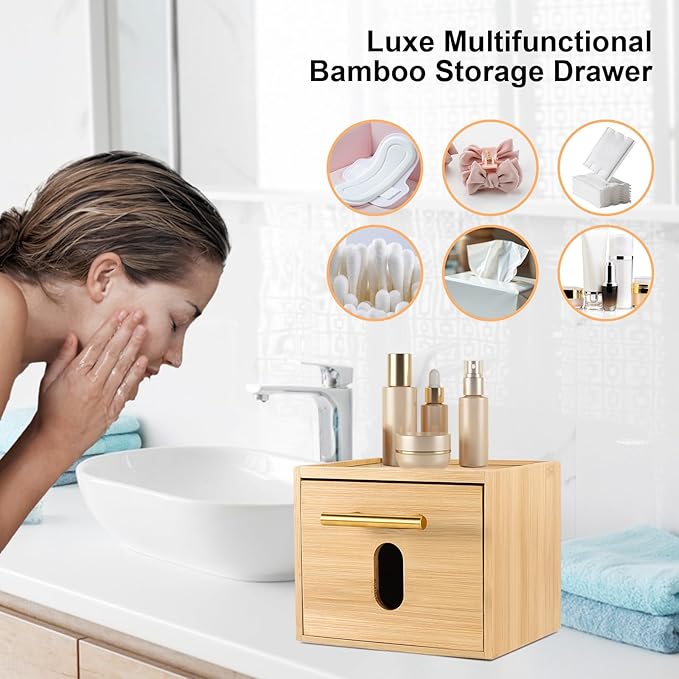 Face Towels Holder with 60 XL Towels, Disposable Towelettes Bamboo Box Cotton Balls Holders, Facial Towels Container with Drawer, Towels XL Organizer for Bathroom, Makeup Remover Dry Wipes Washcloths