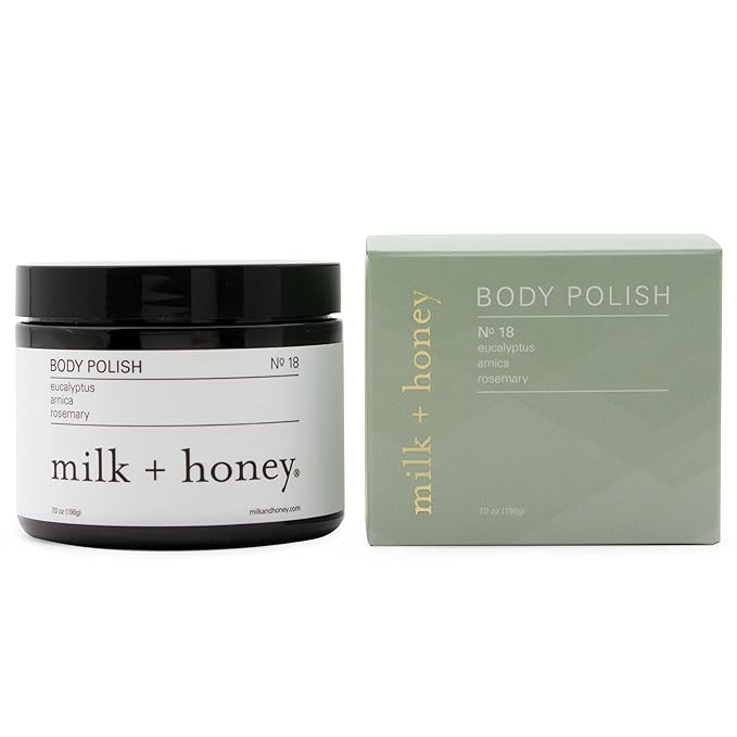 milk + honey Exfoliating Body Polish No. 18 – Natural Body Scrub with Eucalyptus, Arnica, and Rosemary, Gentle Exfoliant for Smooth, Radiant Skin, 7 oz