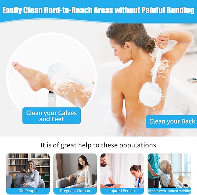 VANZAVANZU Loofah Sponge Set Back Scrubber for Shower, Anti-Slip Plastic 17" Handle Loofah on a Stick with Fluffy Shower Sponge, PE Soft Mesh Shower Loofahs-White