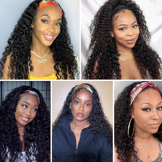 XSY Curly Headband Wig Human Hair 10 Inch Short Deep Wave Headband Wigs for Black Women Brazilian Virgin Glueless None Lace Front Wigs 150% Density Natural Color