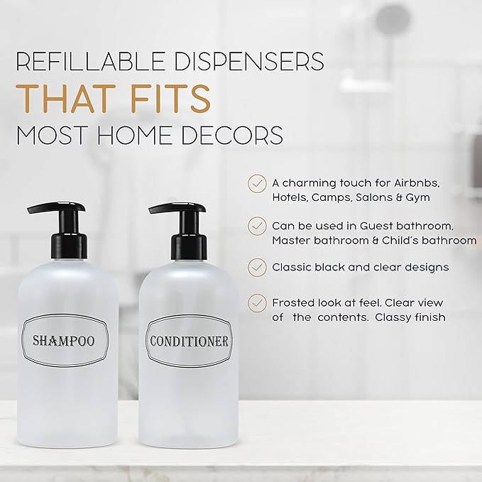 Bottiful Home-16 oz Shampoo and Conditioner Refillable Empty Plastic Pump Bottle Dispenser Set (Frosted Clear)