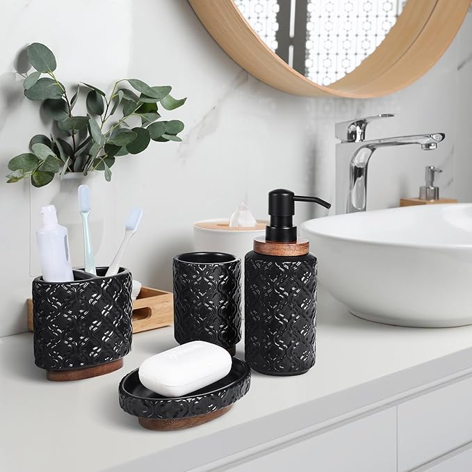 Elegant Bathroom Accessories Set 4 PCS Ceramic and Wood Bathroom Accessory Set Soap Dispenser Toothbrush Holder Tumbler Soap Dish Easy to Clean Quatrefoil Pattern Black