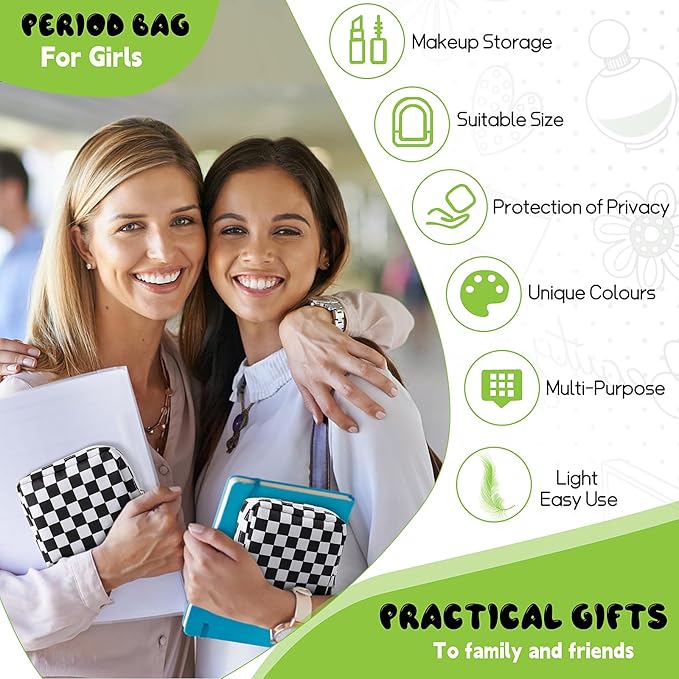 Desing Wish Sanitary Pad Storage Bag Portable Period Bag for Teen Pads/Sanitary Napkins/Small Tampons, Sanitary Napkin Storage Bag First Period Gifts for Teen Girls (Black-white Check)