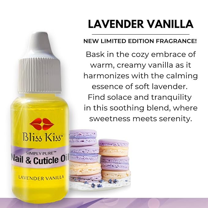 Bliss Kiss | Lavender Vanilla Fragrance | Nail Oil Cuticle Dropper w/Vitamin E & Jojoba⏤Nail Strengthener Nail Growth Serum for Brittle Peeling Breaking Thin Nails | 0.5oz | (Lavender Vanilla)
