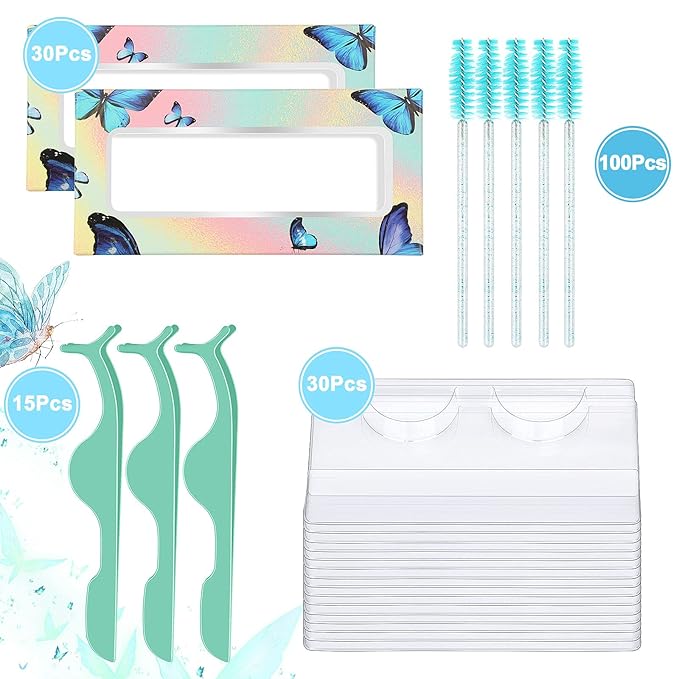 175 Pieces Lash Packaging Wholesale, Include 30 Empty Eyelashes Packaging Box, 30 False Lash Trays, 15 Eyelash Tweezers and 100 Eyelash Brush Mascara Wands Disposable (Green)