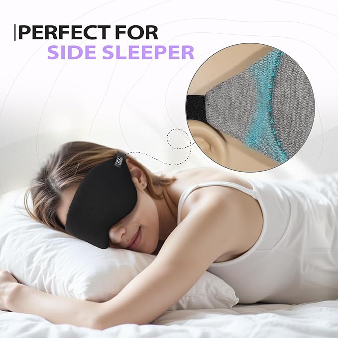 Cooling Cotton Eye Sleep Mask for Men & Women, Soft & Breathable, Pressure-Free Design for Side Sleepers, Adjustable Light Blocking Mask for Sleeping, Travel & Naps (Black)