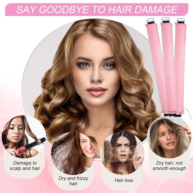 Heatless Curling Rod, 1 Pink 3Pcs, Flexi Rod for All Hair Types, Easy to Use Sleep Curling Ribbon with Hook, Curl Styling Kit for Overnight Hair Curl, Ideal for Travel, Great Gift