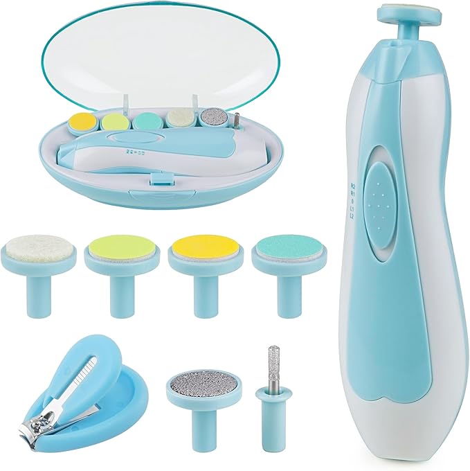 OTTOLIVES Baby Nail Trimmer Electric Newborn Toddler, Safe Baby Nail Clippers Set with Light and 6 Replacement Heads, Baby Nail File Trim Polish Toes Fingernails Care Infant Essentials (Blue)