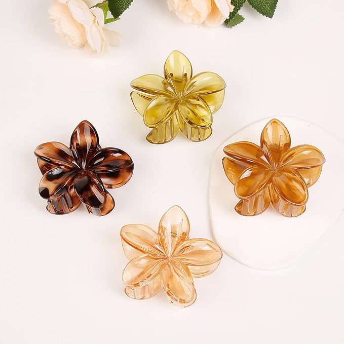 Flower Hair Clips for Women, 4 Pcs Neutral Color Hawaiian Flower Hair Claw Clips, Cute Large Hibiscus Hair Claw Decorative Accessories For Thick and Thin Hair