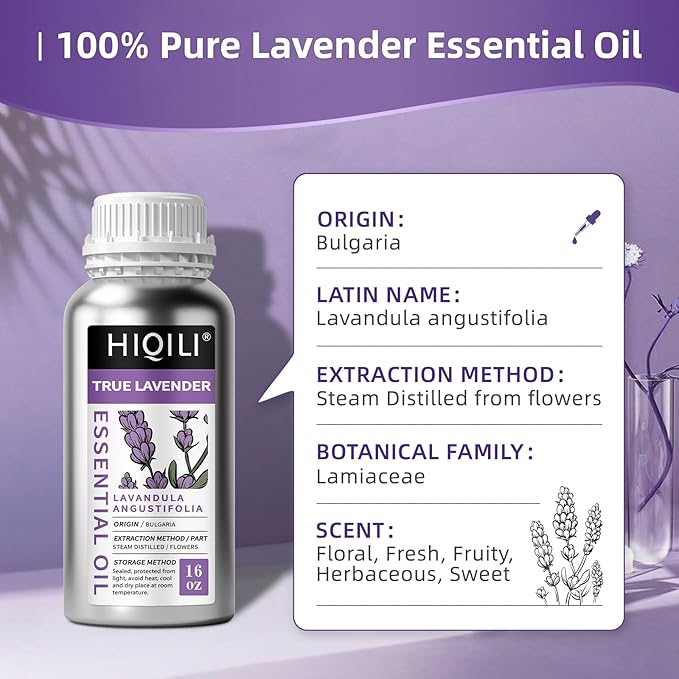 HIQILI 16 Ounces Lavender Essential Oil Pure, 100% Natural for Aromatherapy Diffuser, Skin Care, Hair, Includes Premium Dropper-16 Fl Oz