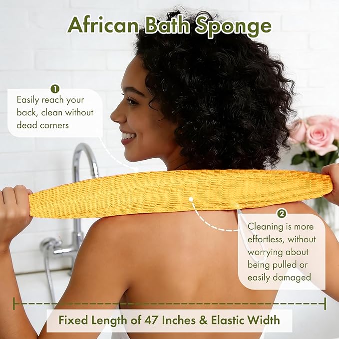 African Net Sponge Authentic, 47 inches Exfoliating Body Scrubber, Back Scrubber for Shower, African Bath Sponge with Knots, Durable Loofah Washcloth for Women & Men Daily Use
