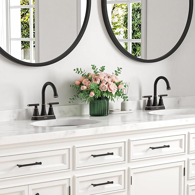 Bathroom Faucets for Sink 3 Hole, Hurran 4 inch Oil Rubbed Bronze Bathroom Sink Faucet with Pop-up Drain and Supply Hoses, Stainless Steel Lead-Free Centerset Faucets for Vanity RV