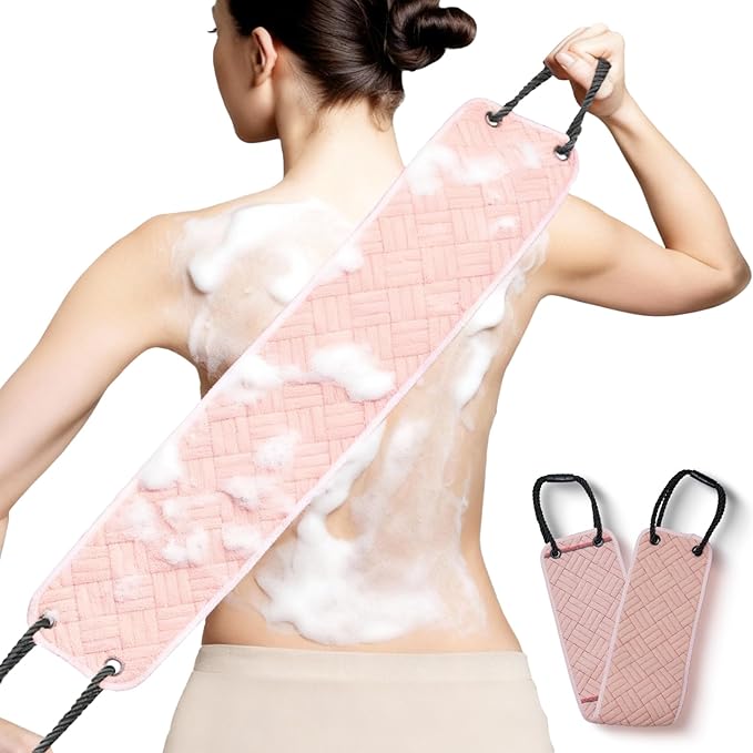 Back Scrubber with Upgraded Handles - 39 Inch Double-Sided Body Exfoliator for Shower/Bath, Deep Cleansing Back Washer for Hard-to-Reach Areas, Unisex (Men & Women) (Pink)