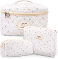 3Pcs Cotton Quilted Makeup Bag Large Travel Cosmetic Bag Coquette Makeup Pouch Cute Aesthetic Floral Toiletry Bag for Women Girls (cherry-B)