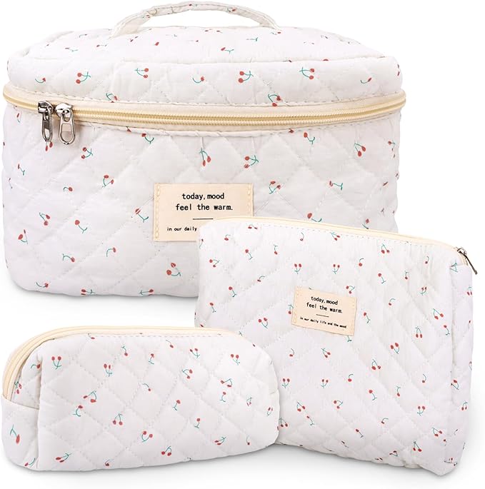 3Pcs Cotton Quilted Makeup Bag Large Travel Cosmetic Bag Coquette Makeup Pouch Cute Aesthetic Floral Toiletry Bag for Women Girls (cherry-B)