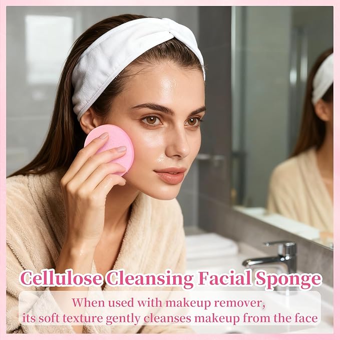 60pcs Compressed Facial Sponges - Round Face Sponge Disposable Travel Facial Cleansing Pads Makeup Sponge for Face Wash Exfoliating Remover Skin Care Beauty Tool Esthetician Essential（Pink）