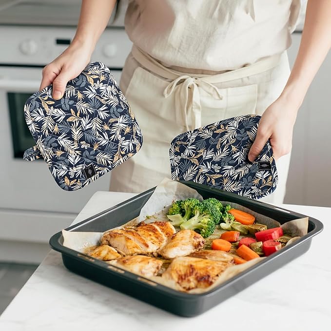 Pot Holders for Kitchen Heat Resistant Hot Pads for Countertops Oven Pot Holders Cotton Potholders for Kitchen Cooking Baking (Blue Leaves)